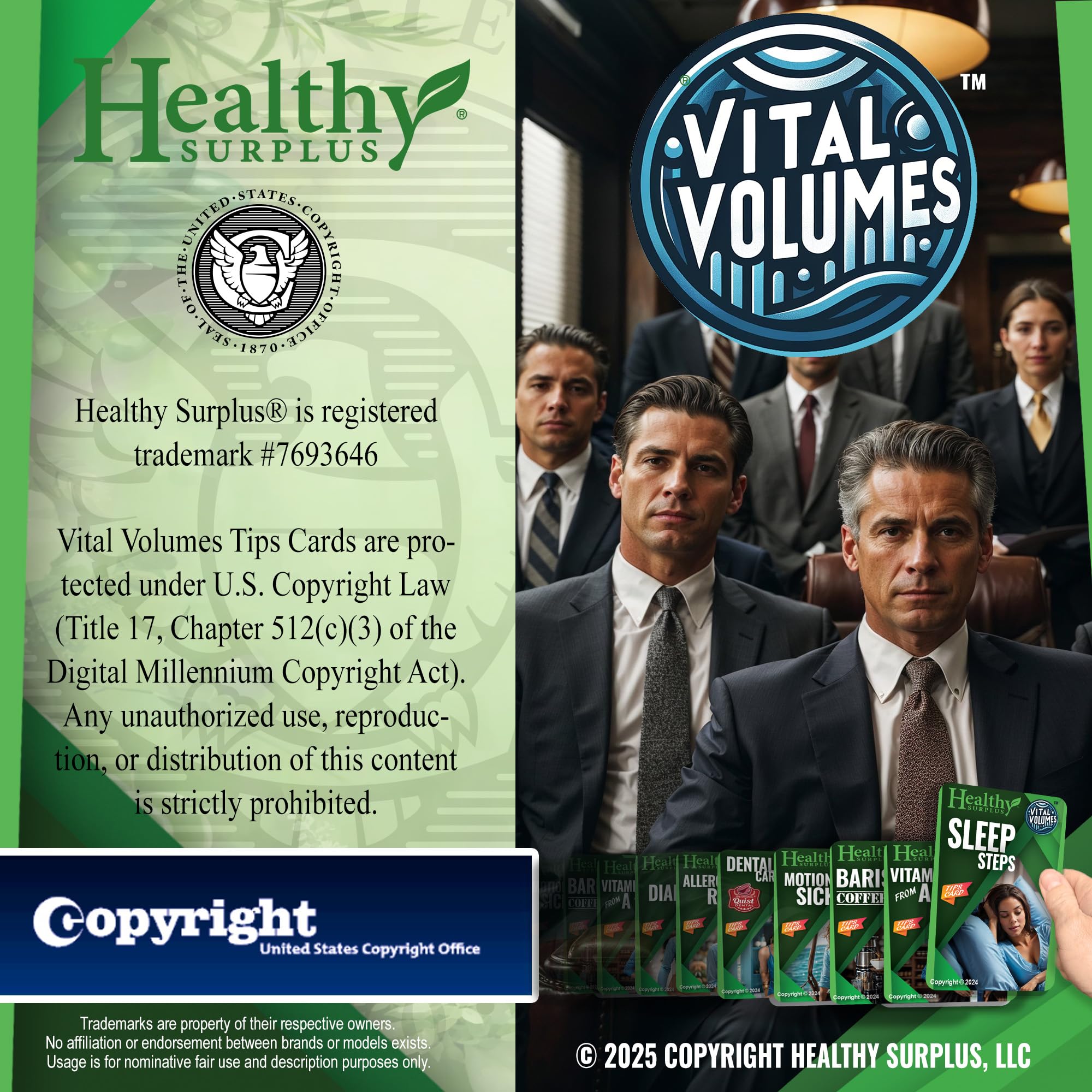 Healthy Surplus Vital Volumes Tips Card inside explains simple daily steps