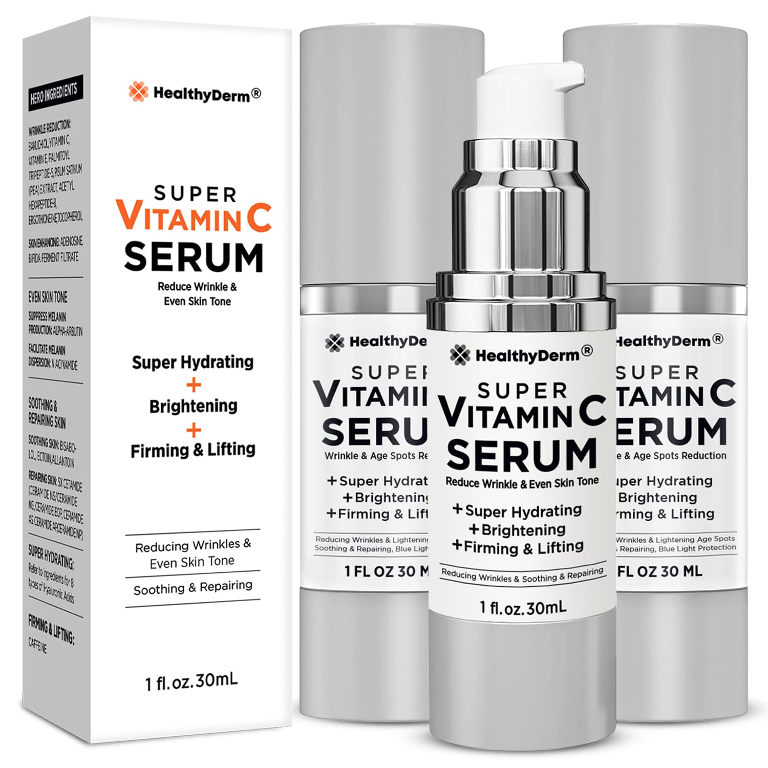 HealthyDerm bottle label highlights niacinamide and vitamin C ingredients
