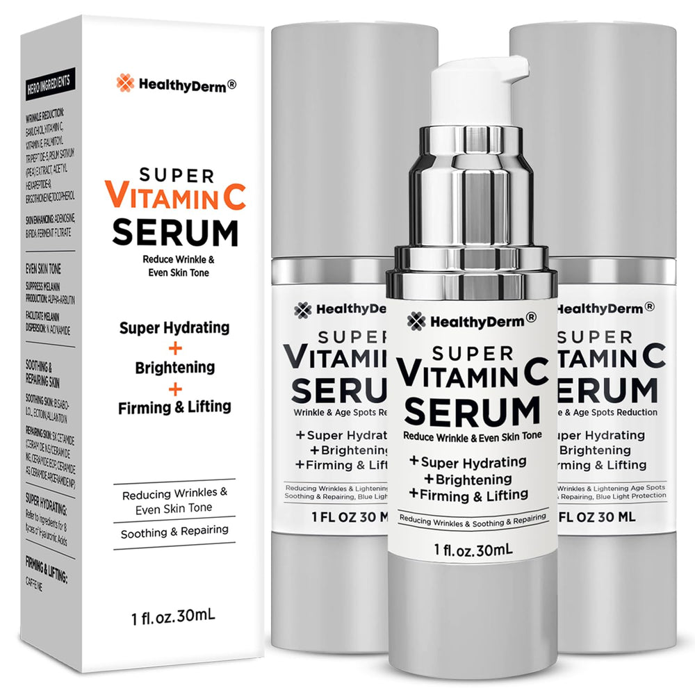 HealthyDerm bottle label highlights niacinamide and vitamin C ingredients