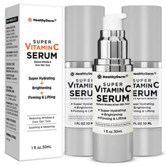 HealthyDerm bottle label highlights niacinamide and vitamin C ingredients