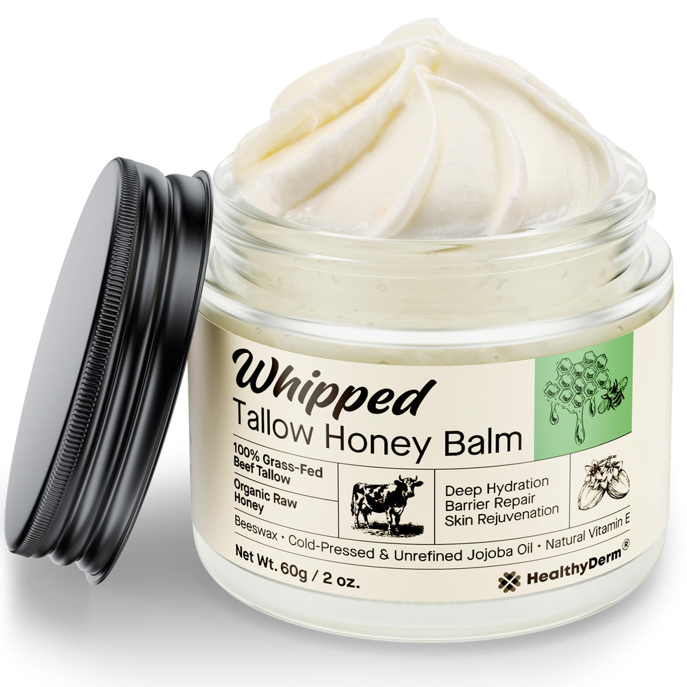 HealthyDerm Beef Tallow Honey Balm 2oz packaging for travel-ready care.