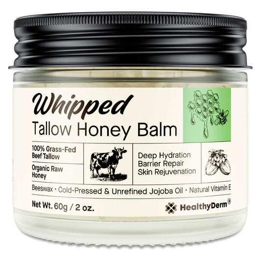 HealthyDerm Beef Tallow Honey Balm jar offers rich hydration for dry skin.