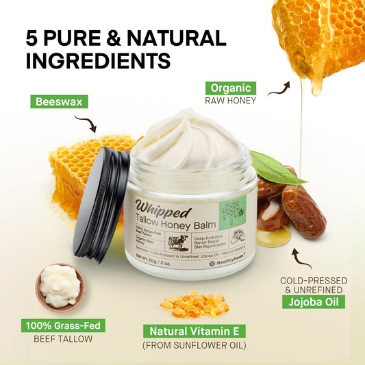 HealthyDerm Beef Tallow Honey Balm tin closeup shows whipped texture and elegance.