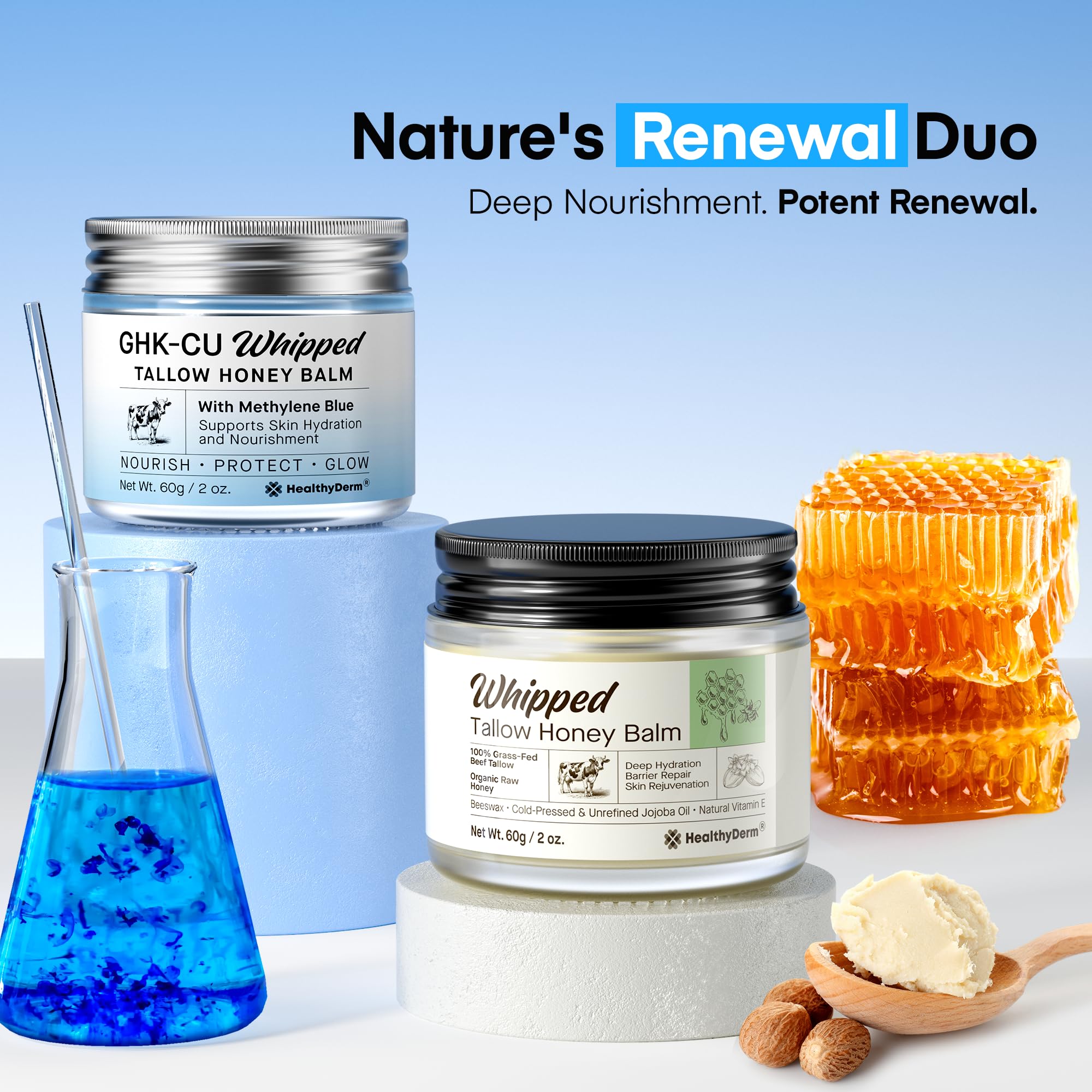 HealthyDerm Copper Peptide Blue Balm jar close-up highlighting renewal potential.