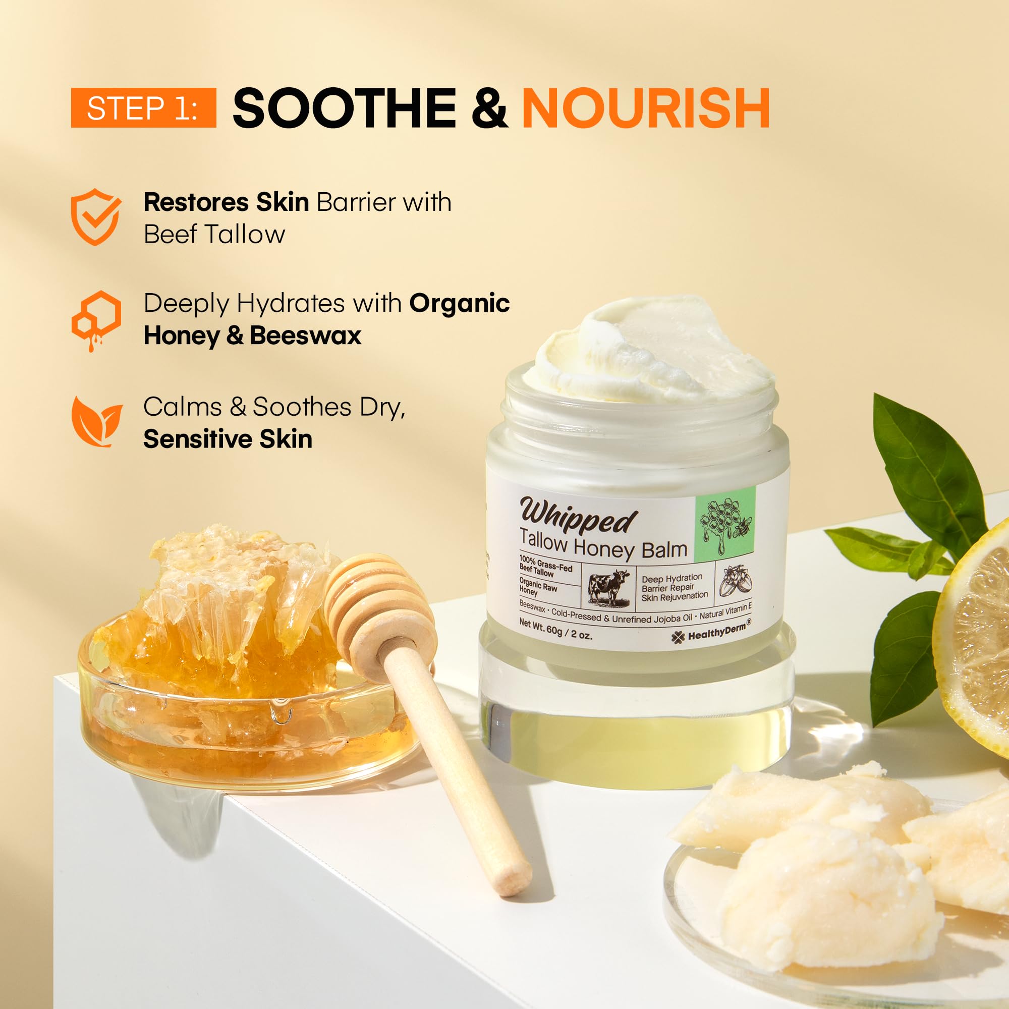 HealthyDerm Honey Tallow Balm jar close-up emphasizing barrier nourishment and hydration.