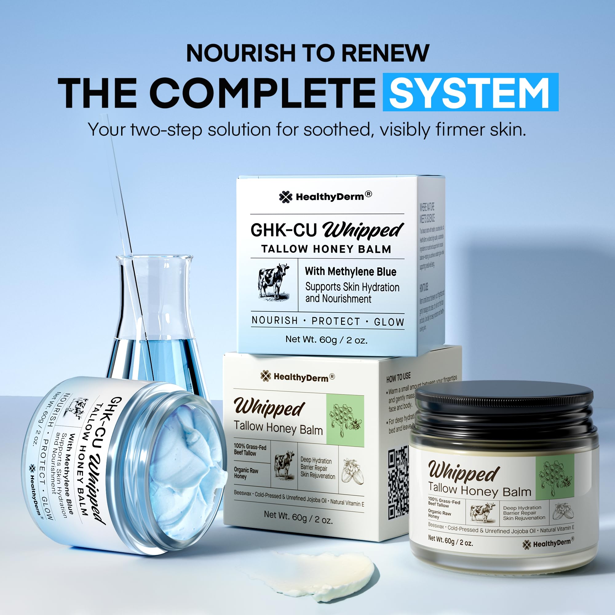 HealthyDerm Ingredients lineup image featuring tallow, honey, peptides for sensitive skin.