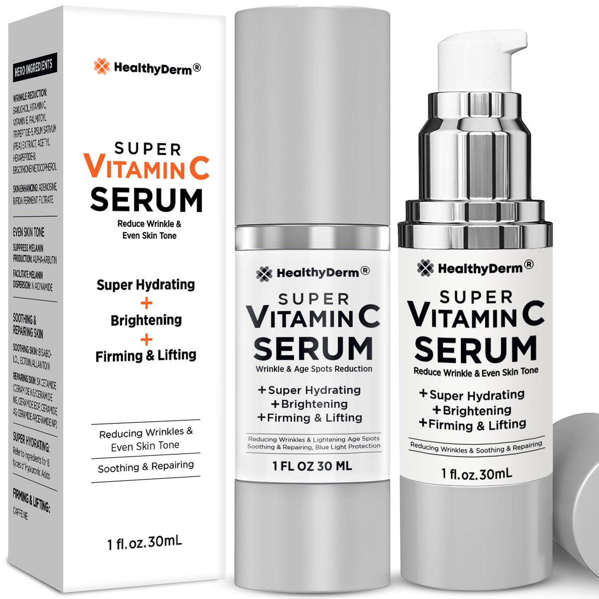 HealthyDerm Super Vitamin C Serum bottle highlights brightening and hydration for mature skin