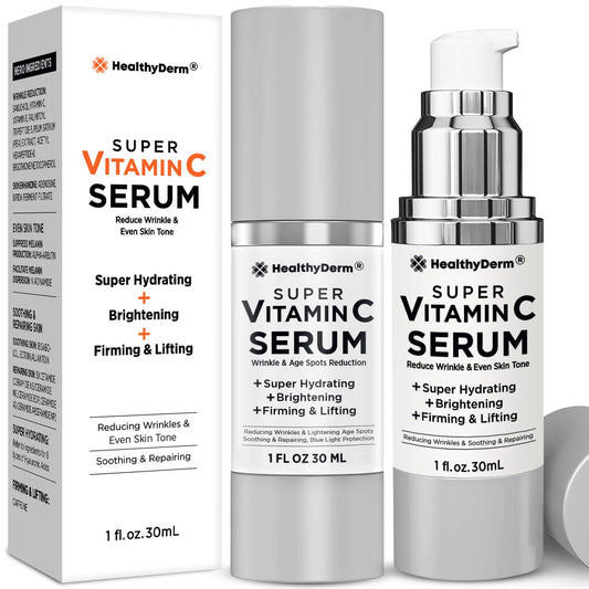 HealthyDerm Super Vitamin C Serum bottle highlights brightening and hydration for mature skin