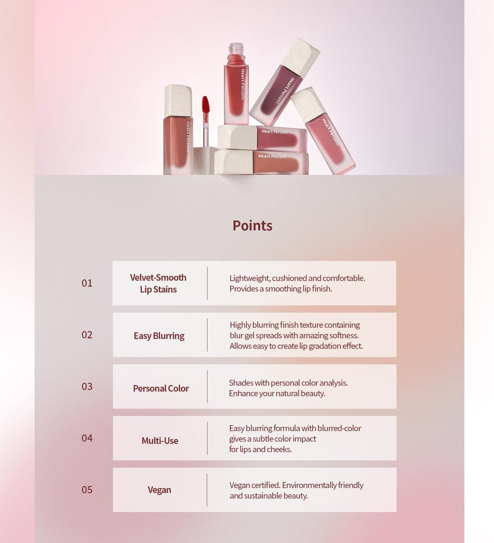 Heart Percent Dote On Mood Lip Stain glides smoothly for a velvety, comfortable finish.
