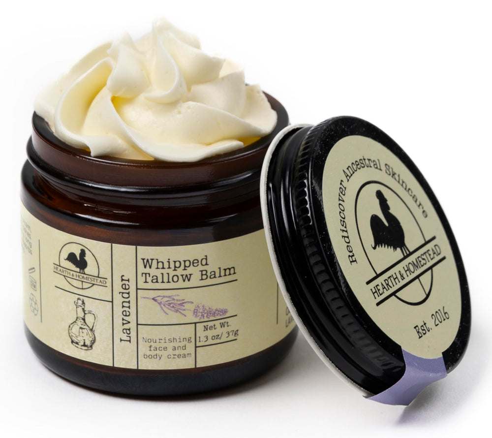 Hearth and Homestead lavender tallow balm bottle pour for easy, soothing daily use
