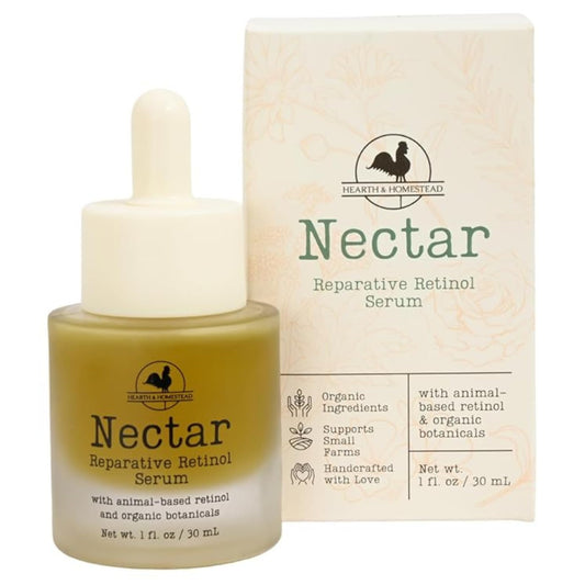 Hearth and Homestead Nectar Serum bottle for radiant, nourished skin.