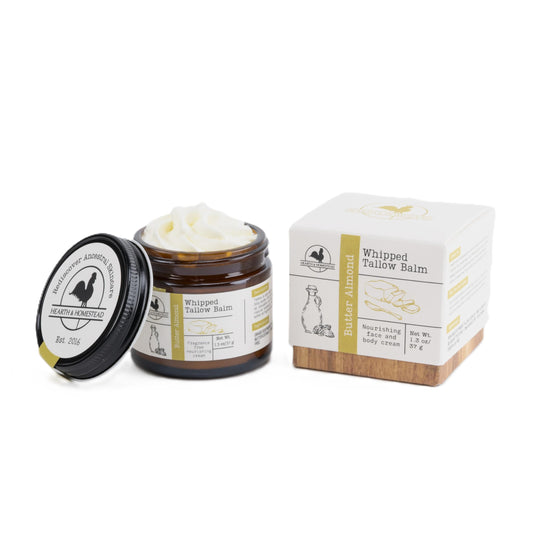 Hearth and Homestead whipped tallow balm in open tin for easy application.
