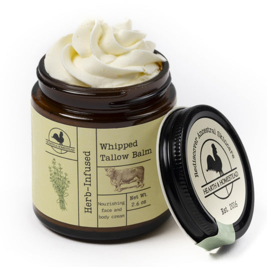 Hearth and Homestead whipped tallow balm jar close-up for daily skin nourishment
