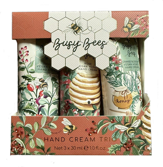 Heathcote & Ivory Busy Bees Holiday Trio hand cream set for soft hands with honey-free fragrances.
