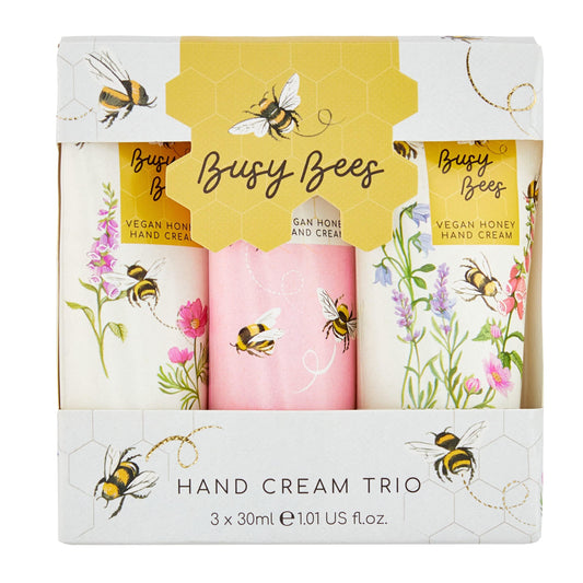 Heathcote and Ivory Busy Bees hand cream trio, orange blossom focus, honey-free formula for nourished, scented hands