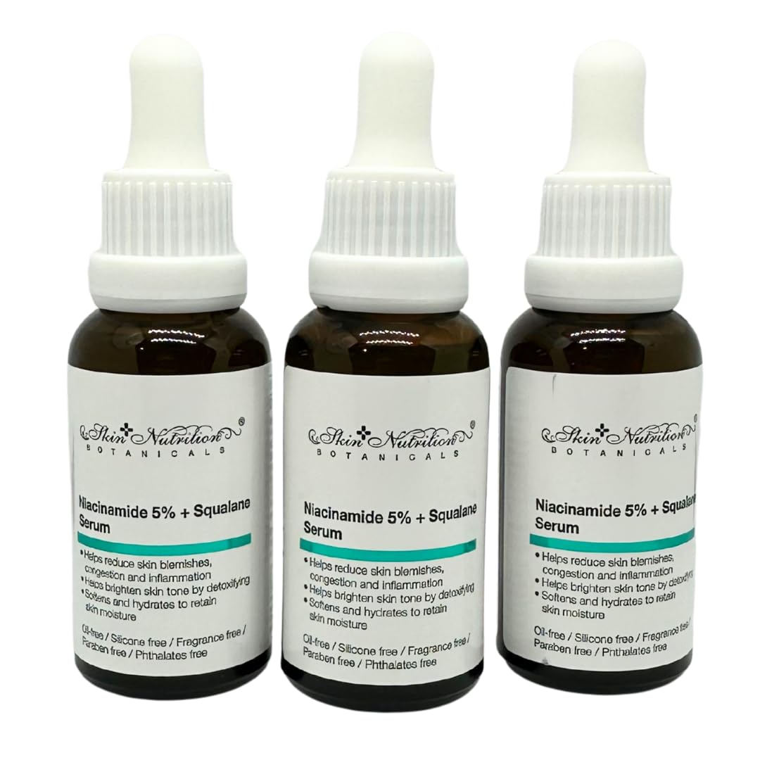 HEB niacinamide 5% squalene serum bottle pour smooths texture and balances oil for all skin types