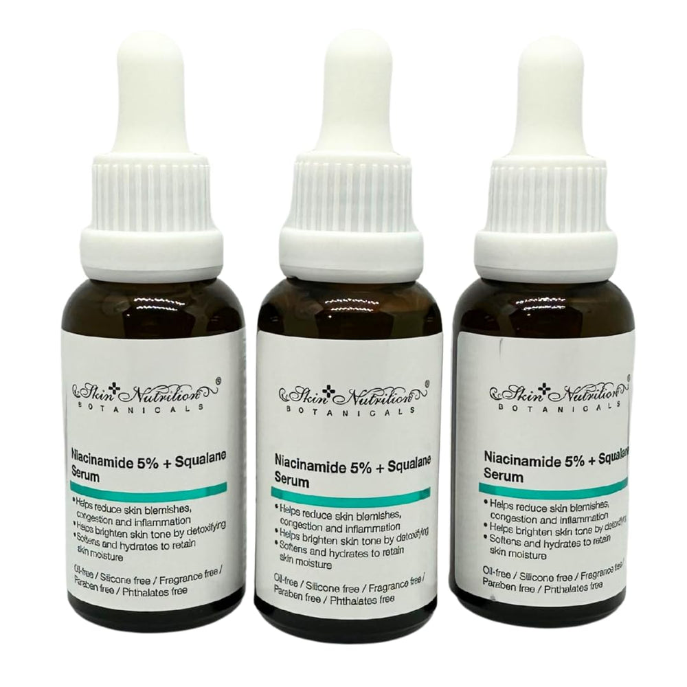HEB niacinamide 5% squalene serum bottle pour smooths texture and balances oil for all skin types