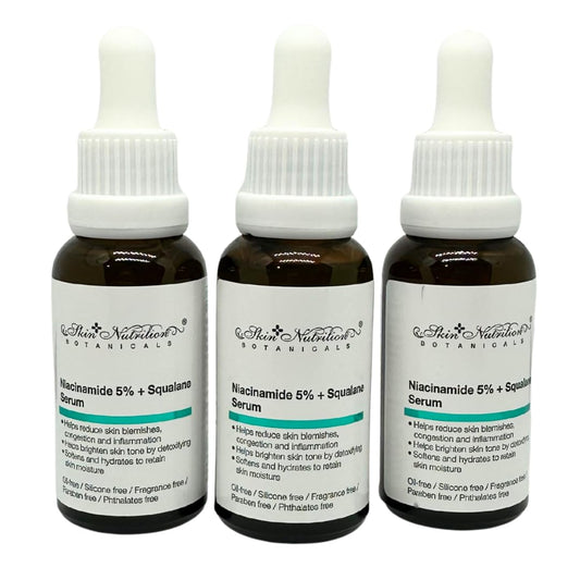 HEB niacinamide 5% squalene serum bottle pour smooths texture and balances oil for all skin types