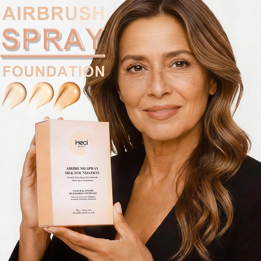 HECI BEAUTY airbrush mist in action delivering a smooth, streak-free finish.
