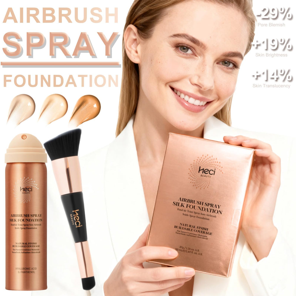 HECI BEAUTY Silk Spray delivers a feather-light mist for breathable wear.