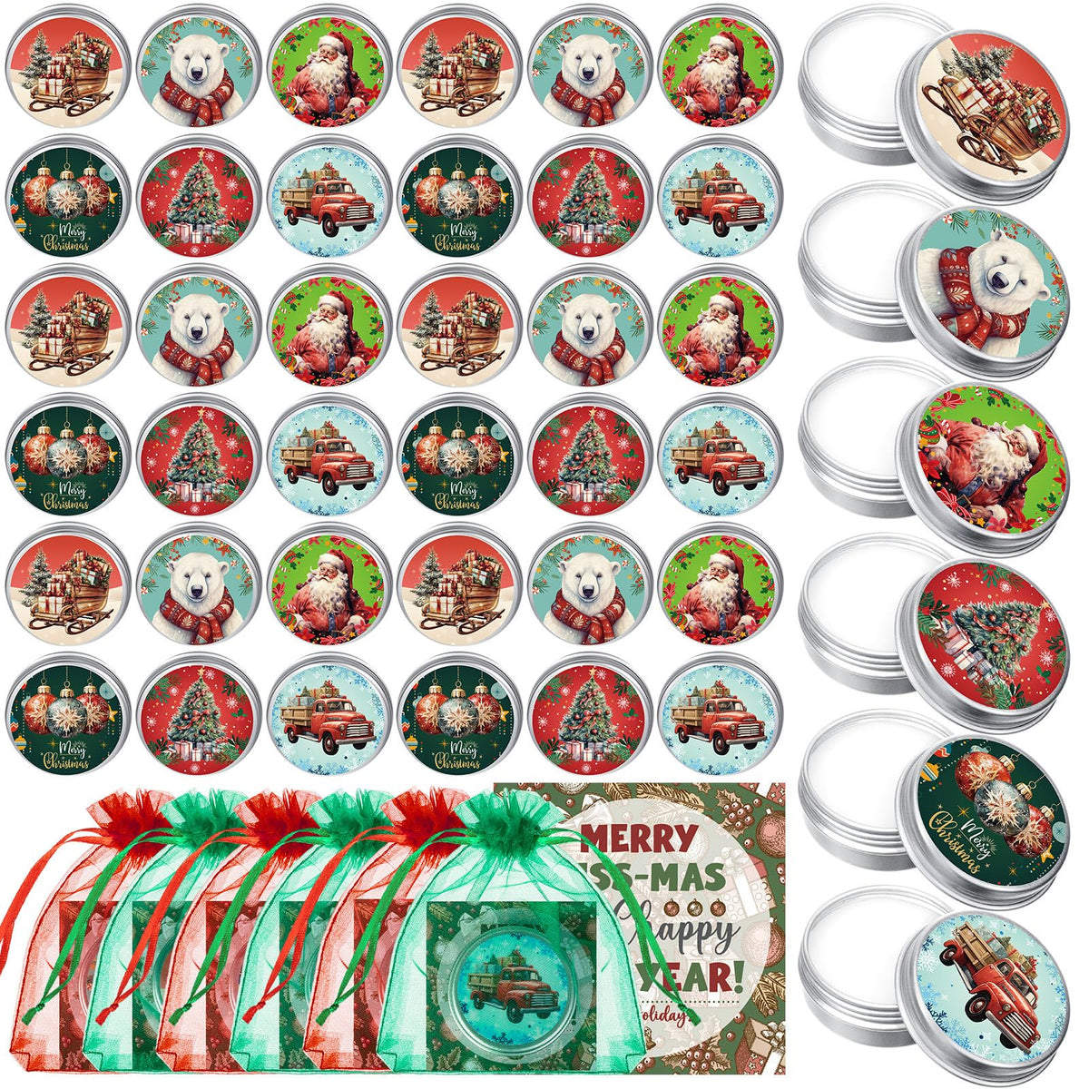 Heigble Christmas lip balm set in tin cans for portable gift-worthy care.