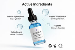 Ingredients panel emphasizes copper peptides and soothing actives from HÈLIKA Serum.