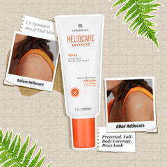 Travel-ready Heliocare spray shown with compact outdoor gear.