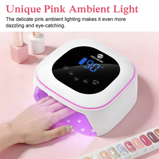 HELIVIVE lamp with 36 dual-light LEDs for rapid gel curing.