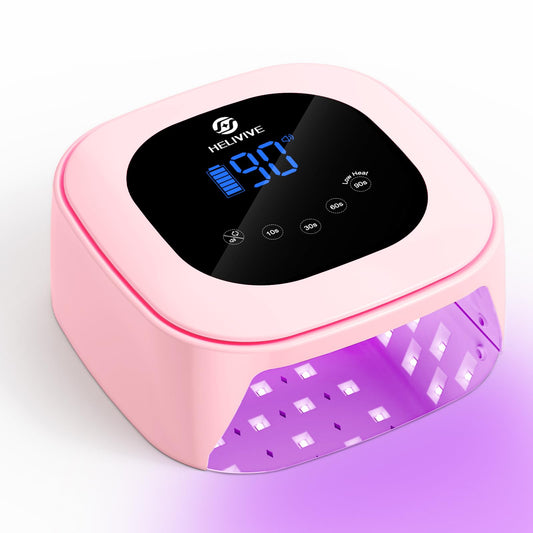 HELIVIVE cordless UV LED nail lamp with pink ambient ring for stylish home salon use.