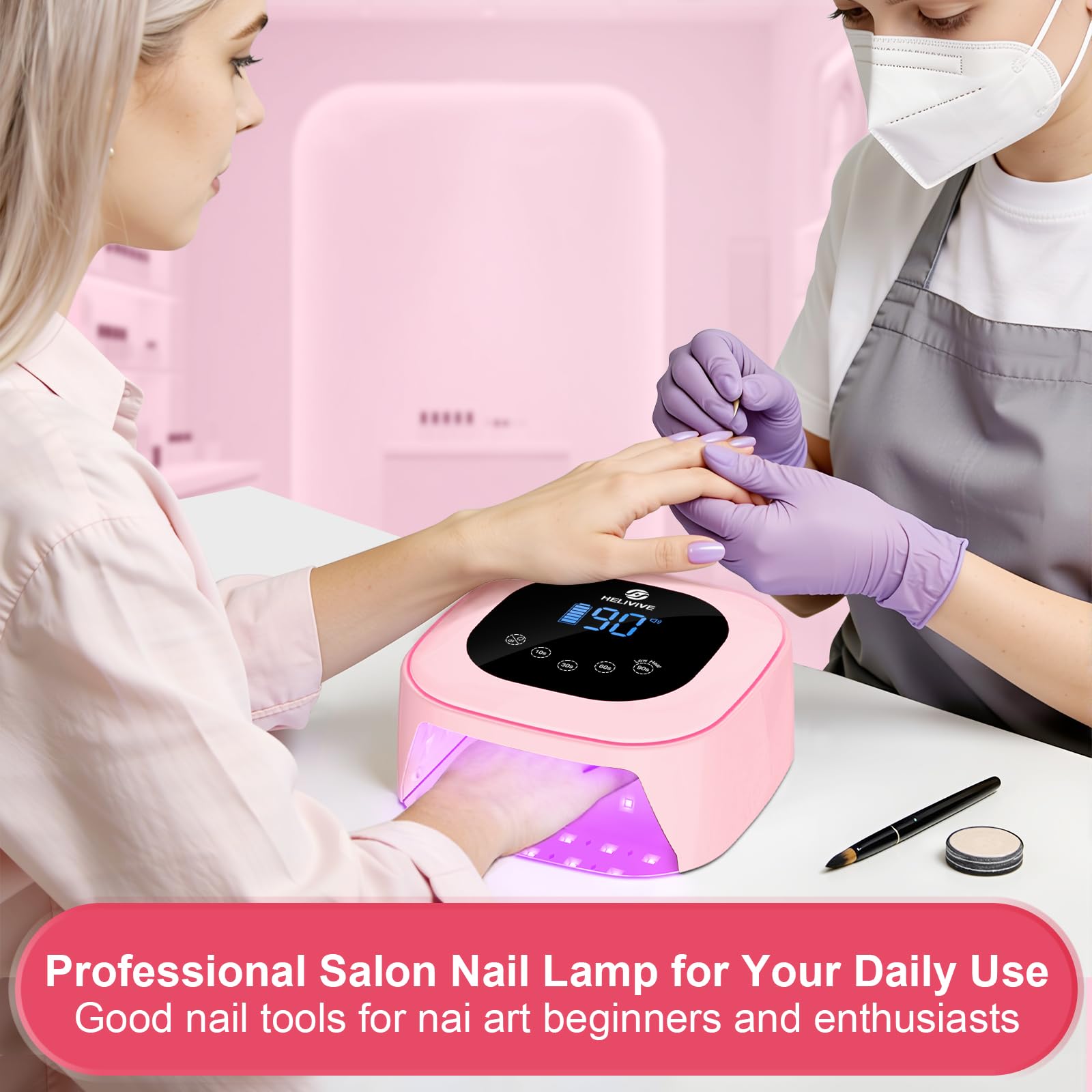 HELIVIVE mirrored base reflects light for even coverage during drying.
