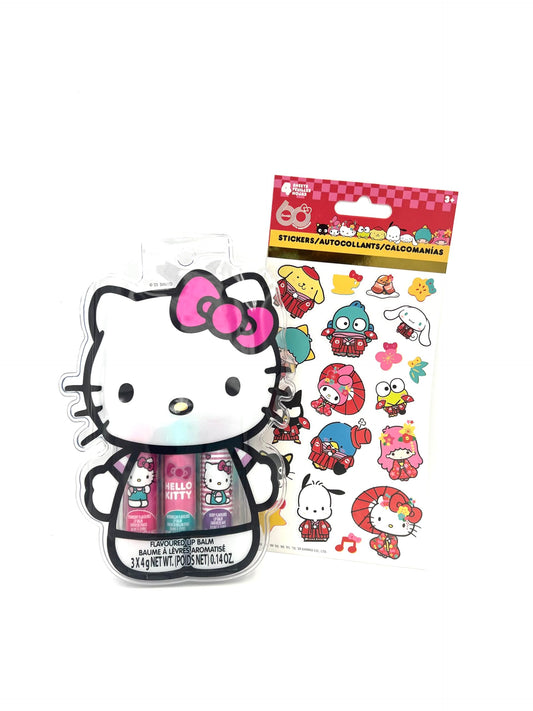 Hello Kitty lip balms in strawberry, watermellon, and berry flavors for daily hydration.