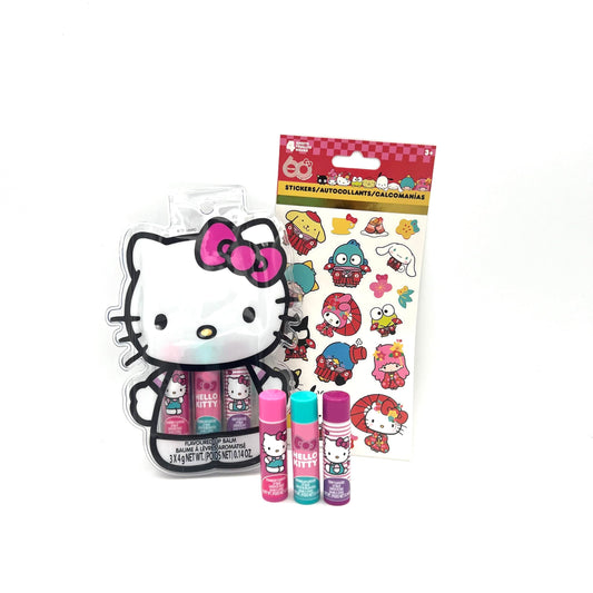 Hello Kitty moisturizing lip balm 3-pack in a compact travel-friendly bundle for kids on the go.