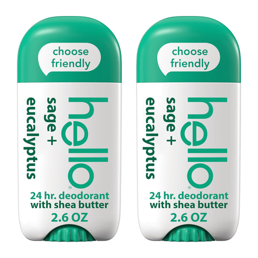Hello Sage and Eucalyptus deodorant stick, 24-hour freshness without aluminum.