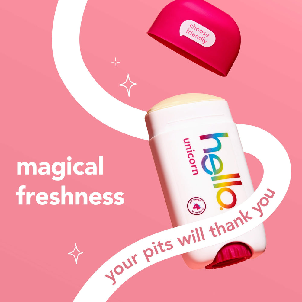 Hello Unicorn aluminum-free deodorant stick back view, aluminum-free protection and skin-friendly ingredients.