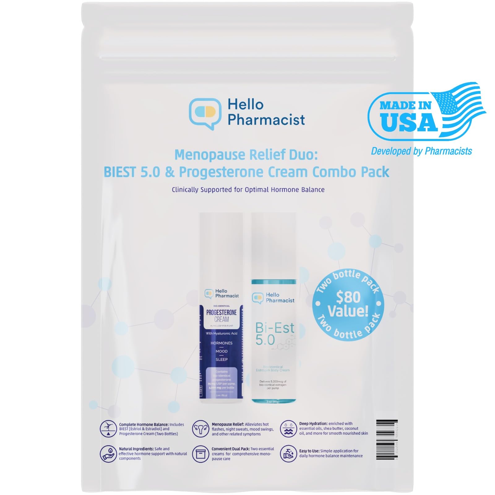 HelloPharmacist Biestro 5.0 dual-pack front view with two 3oz tubes for daily balance