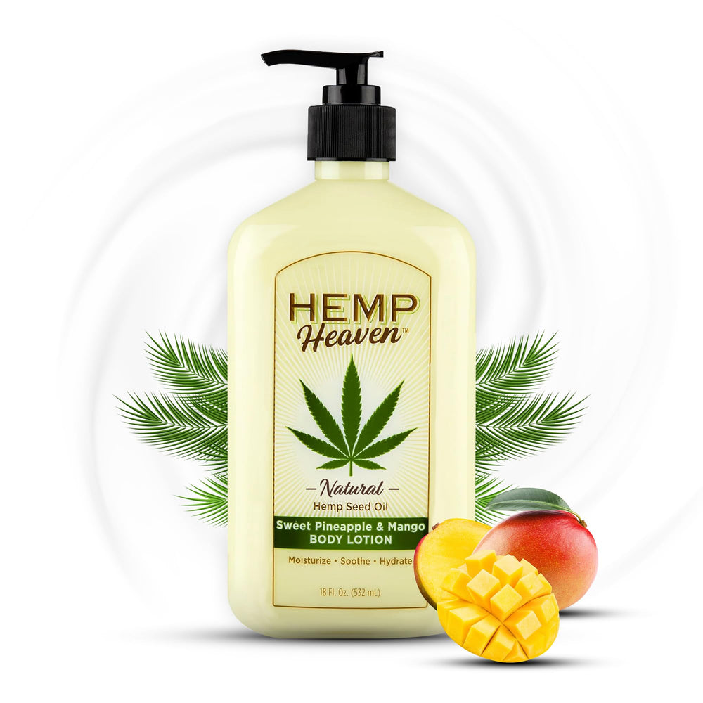 Hemp Heaven Hemp Lotion bottle with Pineapple Mango scent provides refreshing hydration.