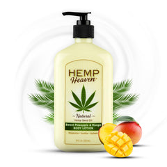 Hemp Heaven Hemp Lotion bottle with Pineapple Mango scent provides refreshing hydration.