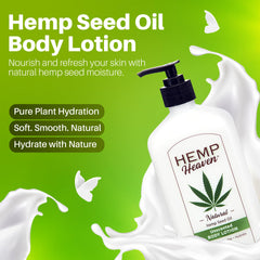 Hemp Heaven Lotion ingredients closeup highlighting hemp seed oil and vitamins
