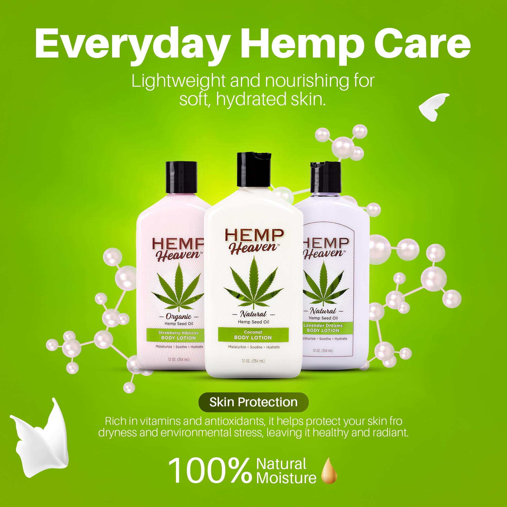 Hemp Heaven Hemp Lotion nourishes skin with hemp, soybean, and sunflower oils.