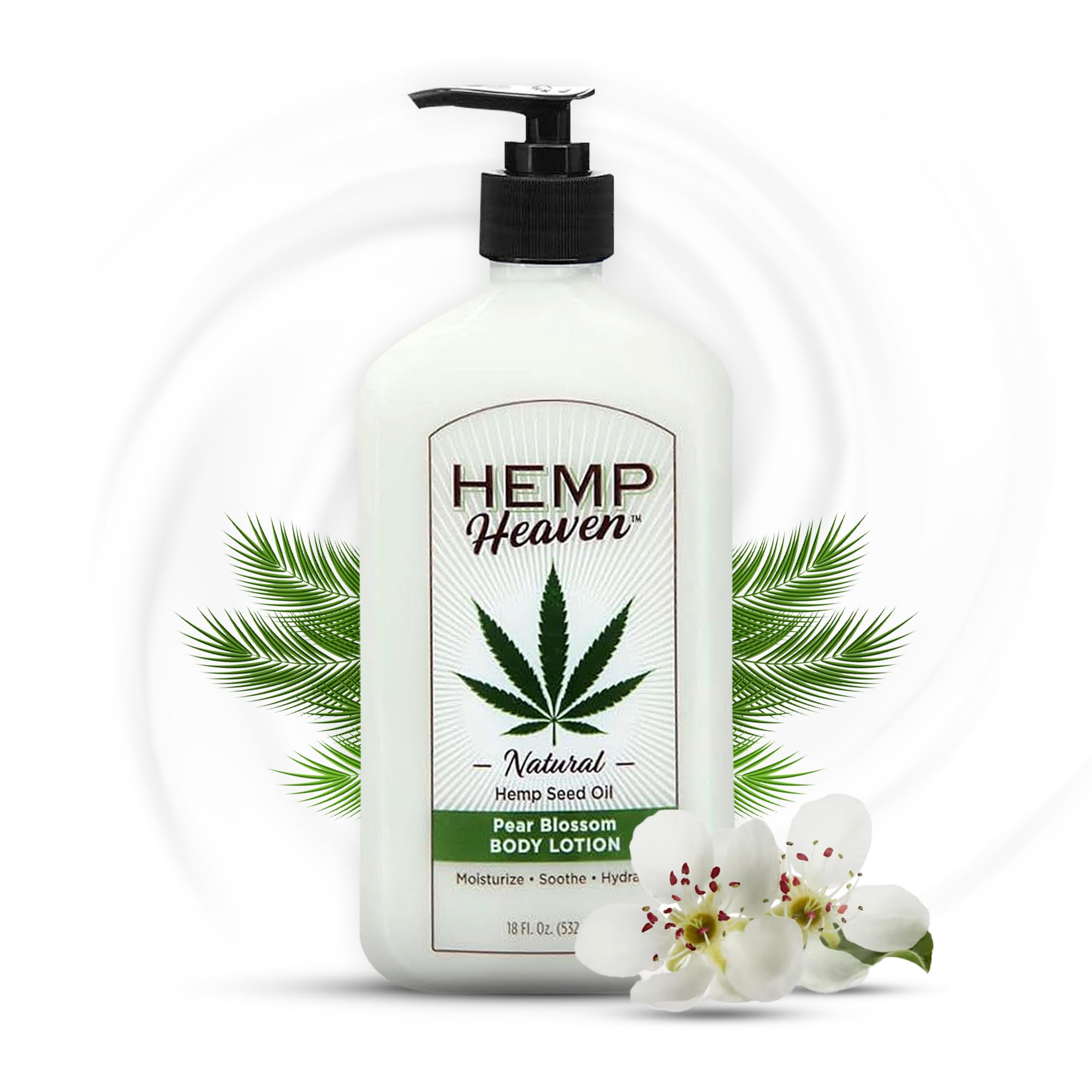 Hemp Heaven Pear Blossom Lotion bottle showing deep hydration for soft skin