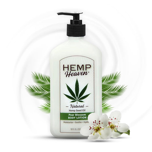 Hemp Heaven Pear Blossom Lotion bottle showing deep hydration for soft skin