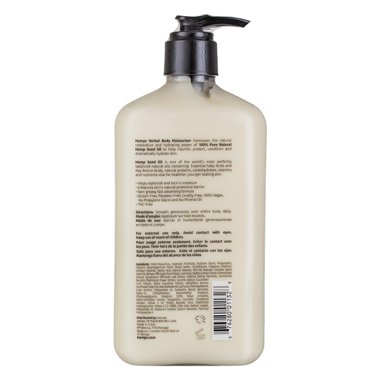 Hempz Age Defying pump shows convenient 17 oz bottle for daily use.