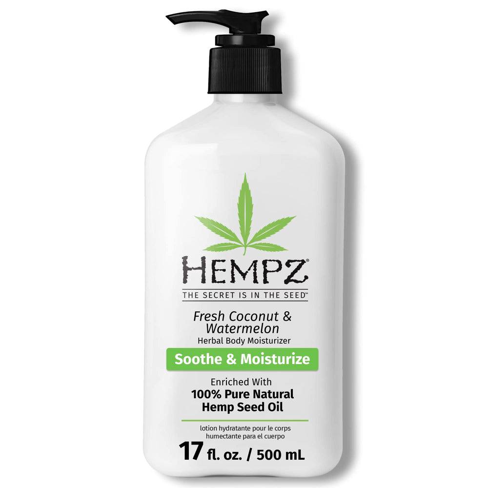 Hempz Body Lotion Fresh Coconut visual focus with quick-absorbing hydration for dry skin.