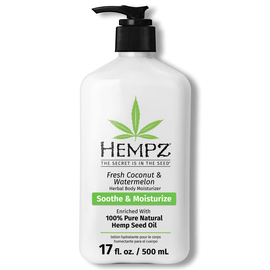Hempz Body Lotion Fresh Coconut visual focus with quick-absorbing hydration for dry skin.