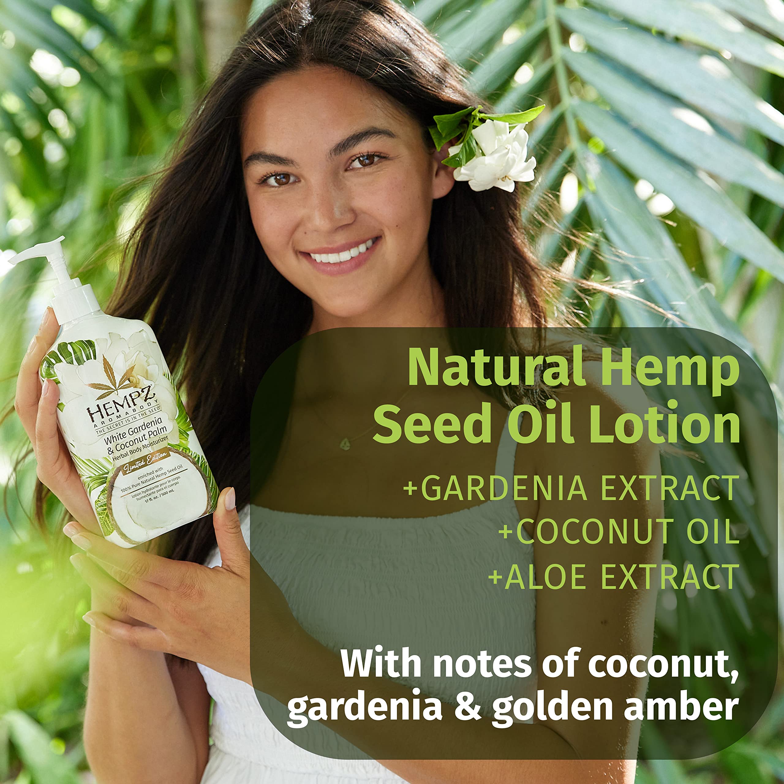 Hempz body lotion bottle shows all natural hemp seed oil and amino acids for skin conditioning.