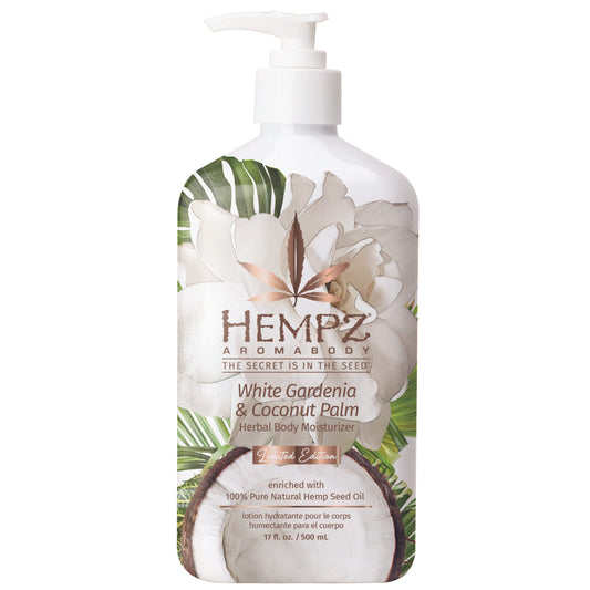 Hempz body lotion bottle with White Gardenia & Coconut Palm for daily hydration and tropical scent.