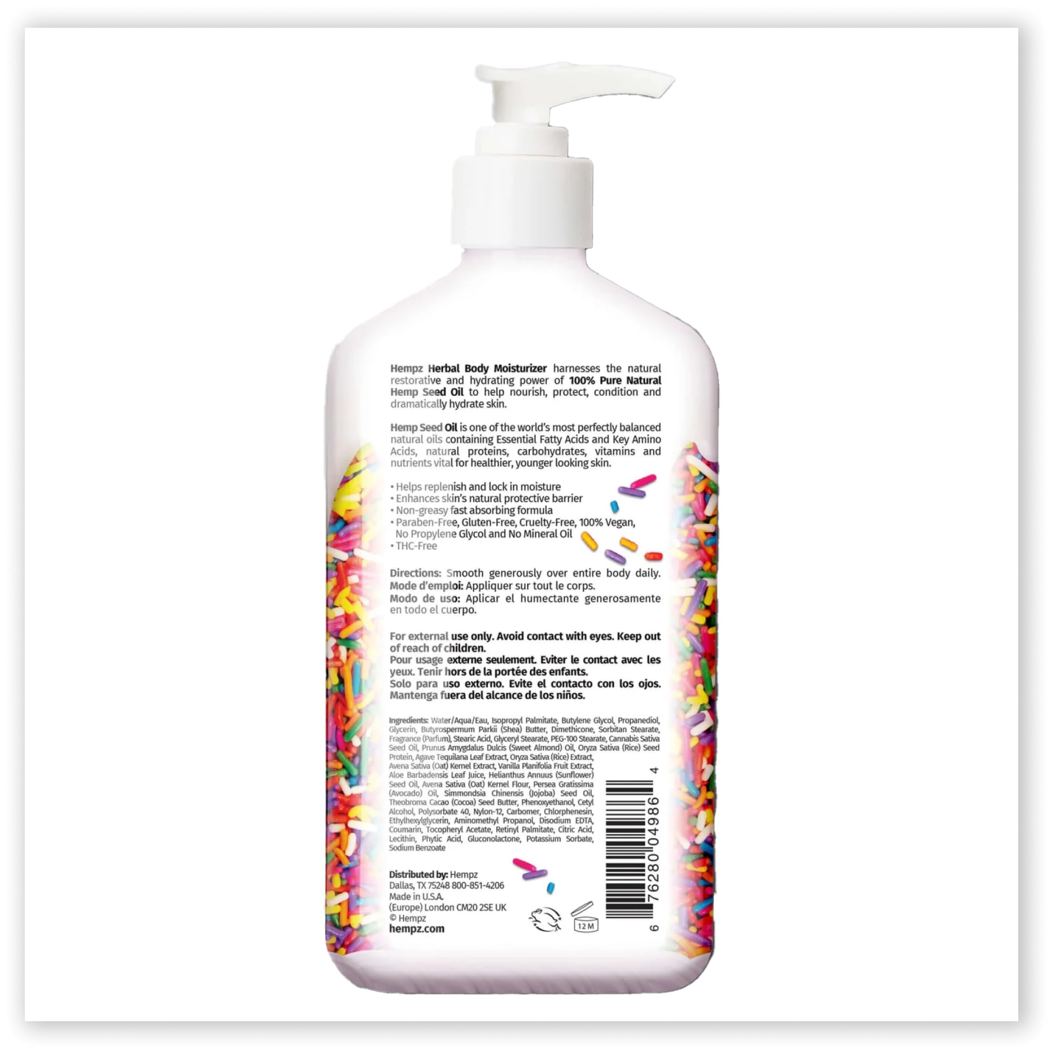 Hempz Buttercream Cake Lotion cap close-up highlighting creamy texture and quick absorption.