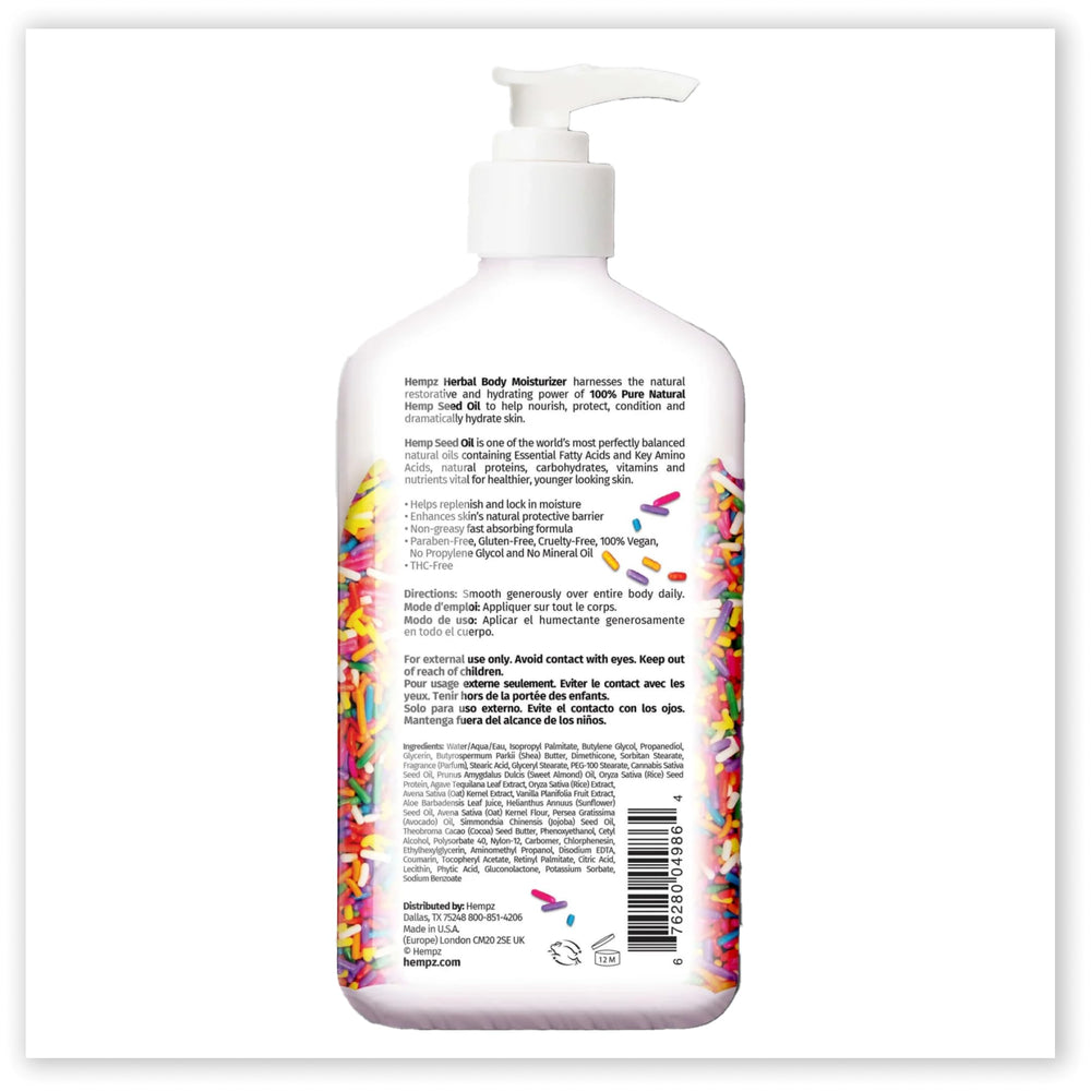 Hempz Buttercream Cake Lotion cap close-up highlighting creamy texture and quick absorption.