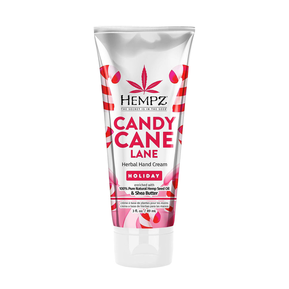 Hempz Candy Cane Lane hand cream tube — deep hydration for dry hands.