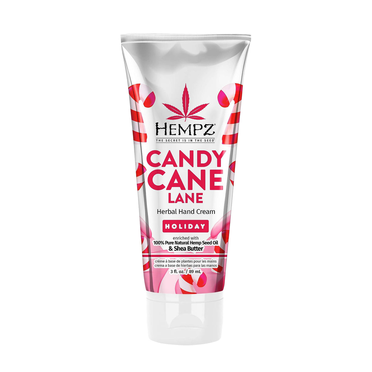 Hempz Candy Cane Lane hand cream tube — deep hydration for dry hands.